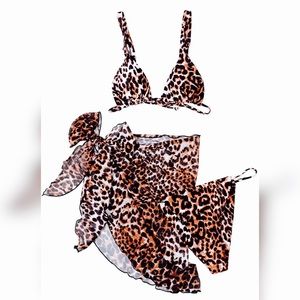 New Bikini & Sarong Skirt 3 Piece Set Leopard Animal Print NWT Choose Size